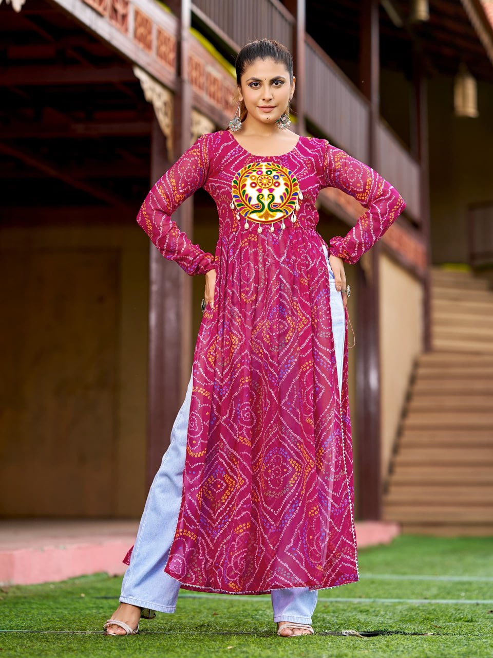 Prazu Fashion Pink Georgette Bandhani Print Work With Kutchi Patch-Work Navaratri Kurti - Distacart