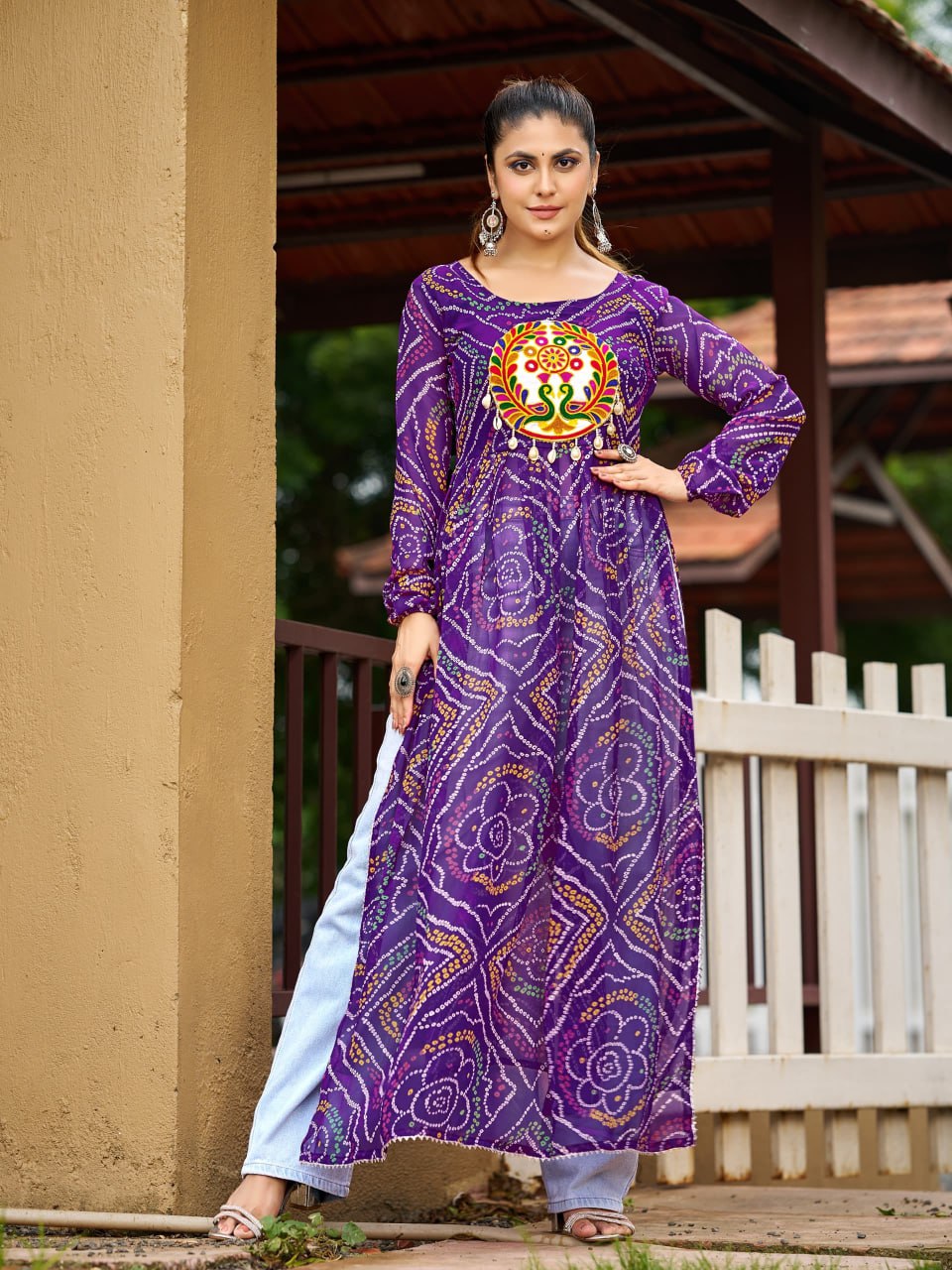 Prazu Fashion Purple Georgette Bandhani Print Work With Kutchi Patch-Work Navaratri Kurti - Distacart