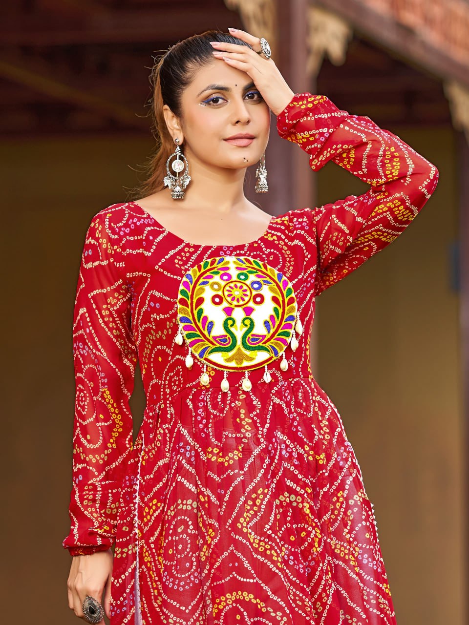 Prazu Fashion Red Georgette Bandhani Print Work With Kutchi Patch-Work Navaratri Kurti - Distacart