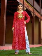 Prazu Fashion Red Georgette Bandhani Print Work With Kutchi Patch-Work Navaratri Kurti - Distacart