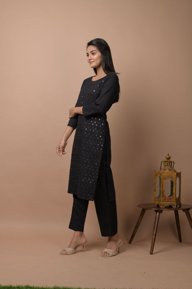 Kaajh Women's Black Solid Sequins Embellished Kurta Pant Set - Distacart