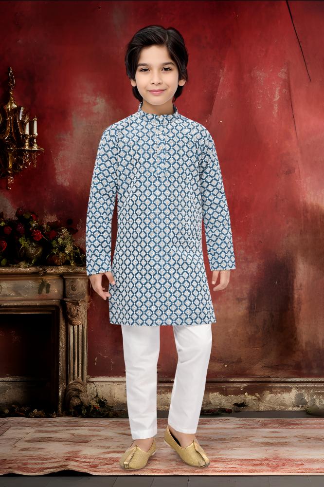 Neera Trendz Blue Cotton Thread Embroidery Kid's Kurta Pajama - Distacart