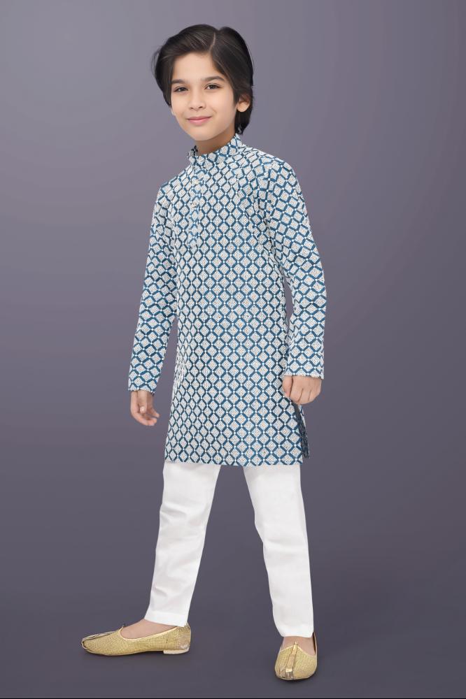Neera Trendz Blue Cotton Thread Embroidery Kid's Kurta Pajama - Distacart
