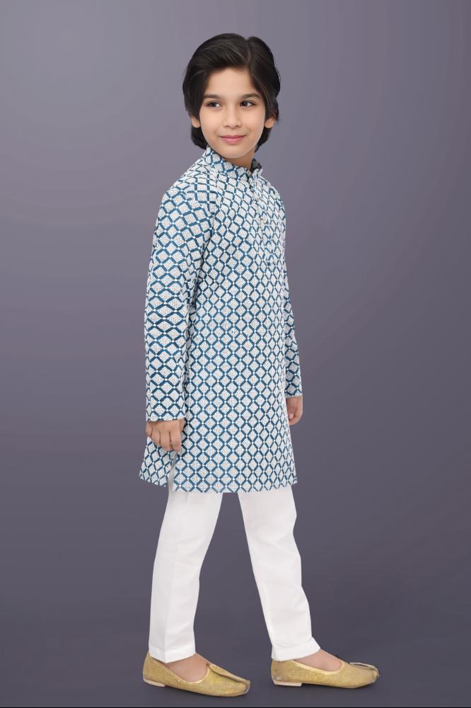 Neera Trendz Blue Cotton Thread Embroidery Kid's Kurta Pajama - Distacart