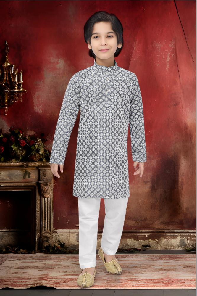 Neera Trendz Grey Cotton Thread Embroidery Kid's Kurta Pajama - Distacart
