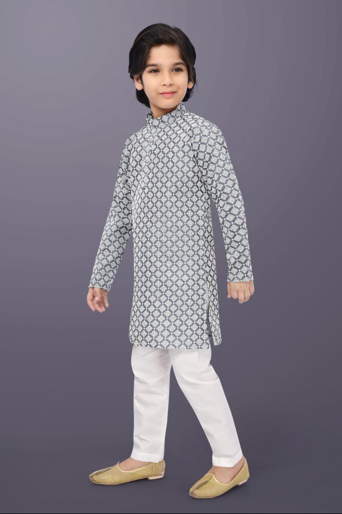 Neera Trendz Grey Cotton Thread Embroidery Kid's Kurta Pajama - Distacart
