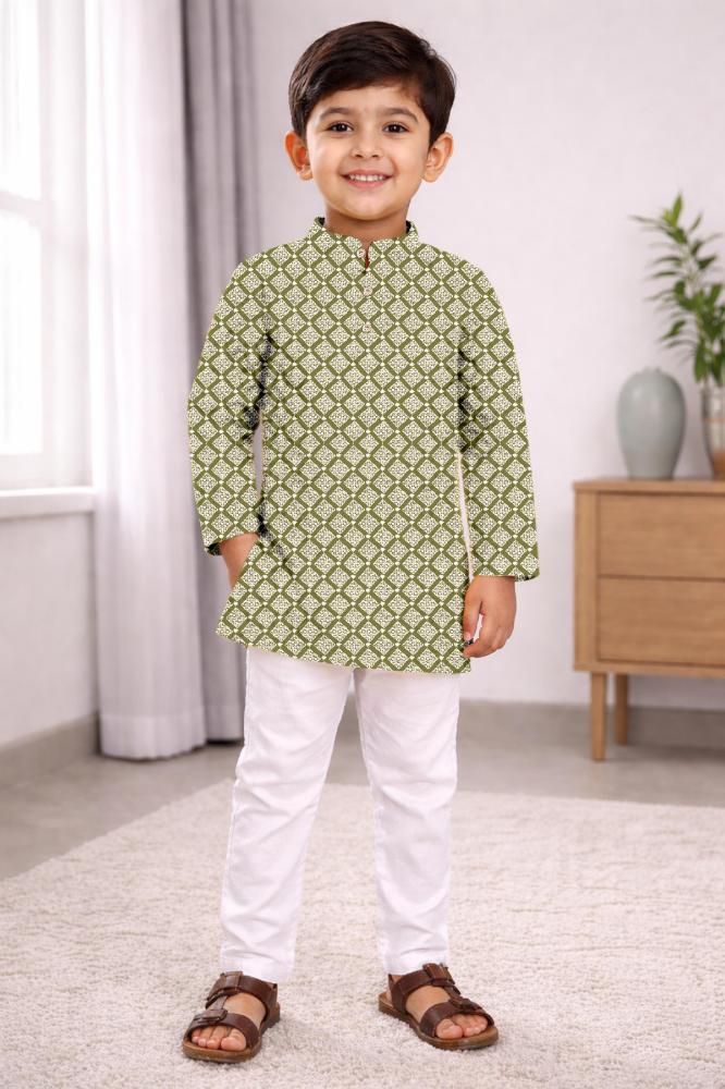 Neera Trendz Olive Cotton Thread Embroidery Kid's Kurta Pajama - Distacart