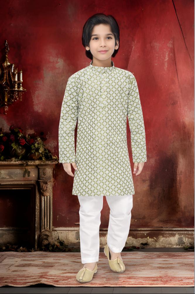 Neera Trendz Olive Cotton Thread Embroidery Kid's Kurta Pajama - Distacart