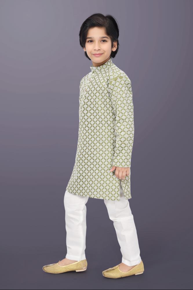 Neera Trendz Olive Cotton Thread Embroidery Kid's Kurta Pajama - Distacart