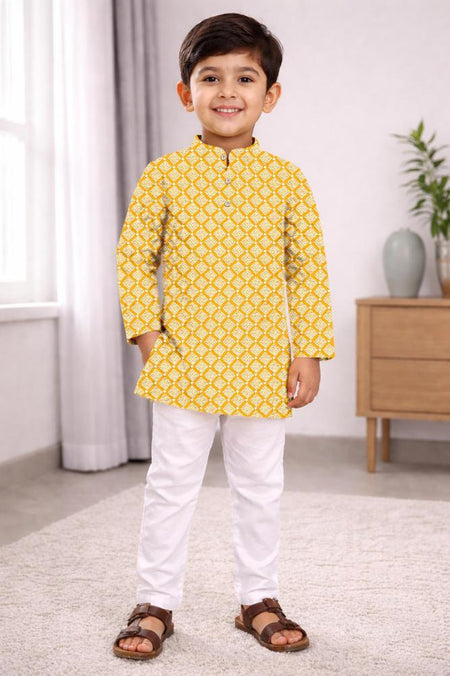 Neera Trendz Yellow Cotton Thread Embroidery Kid's Kurta Pajama