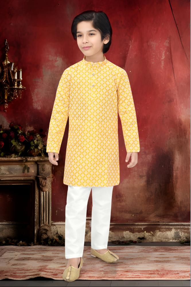Neera Trendz Yellow Cotton Thread Embroidery Kid's Kurta Pajama - Distacart
