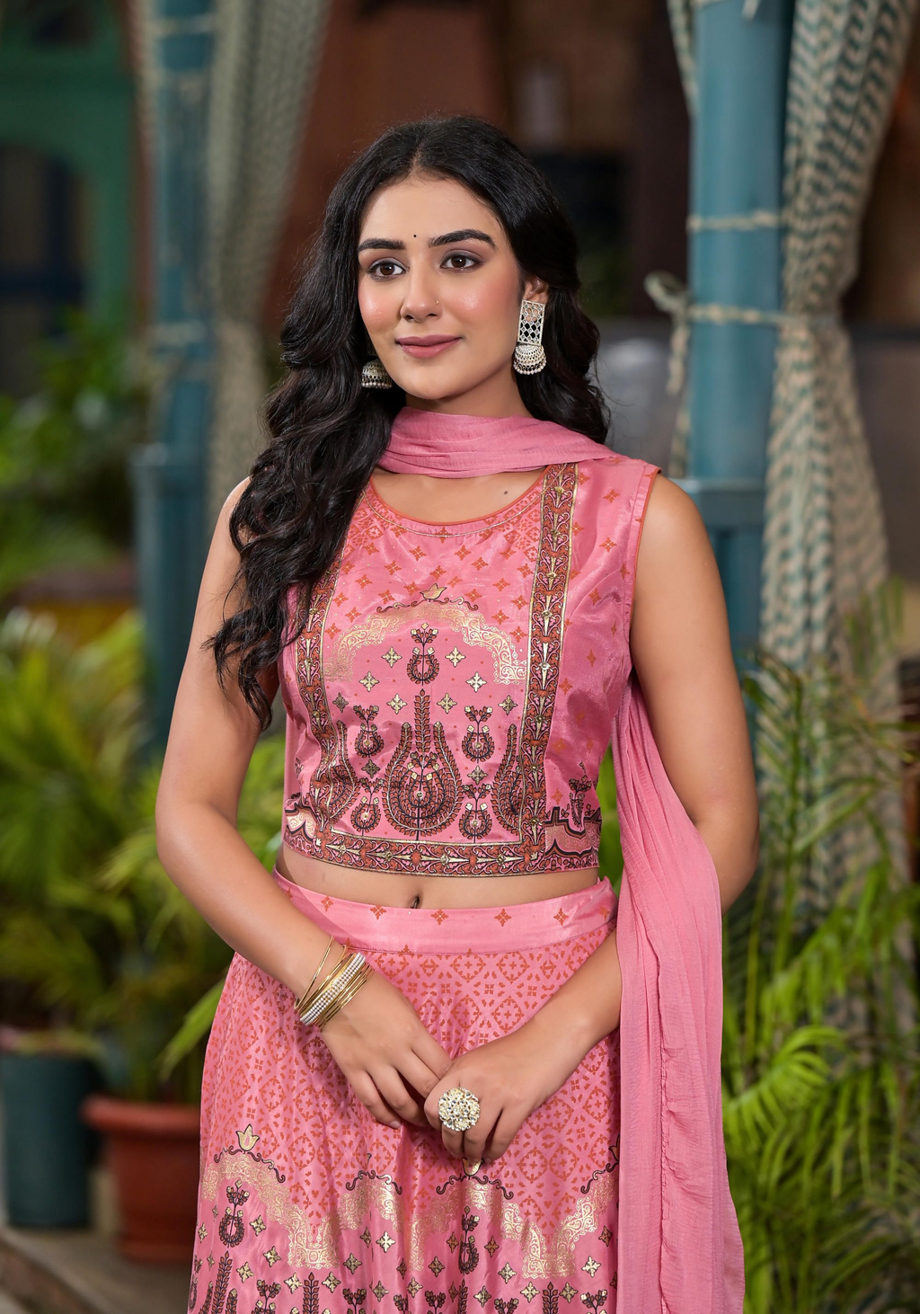Juniper Women's Pink Ethnic Motif Printed Lehenga Set With Sequins & Gota Patti