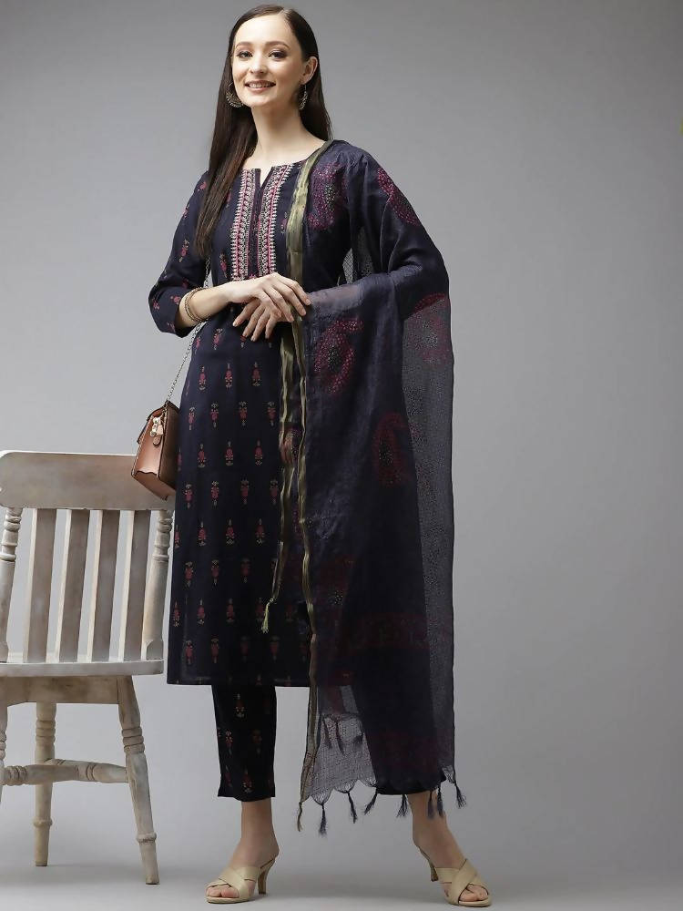 Yufta Women Navy Blue Ethnic Motifs Printed Regular Thread Work Kurta with Palazzo & With Dupatta