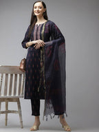 Yufta Women Navy Blue Ethnic Motifs Printed Regular Thread Work Kurta with Palazzo & With Dupatta