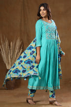 Kaajh Women's Turquoise Floral Print Anarkali Suit Set - Distacart