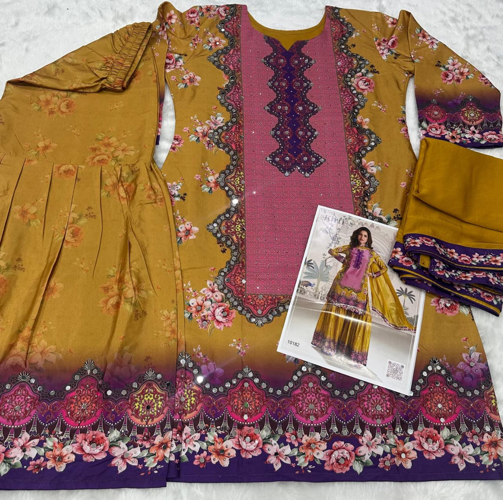 Aarshi Fashions Yellow Heavy Crepe Digital Print Full Stitched Palazzo Suits