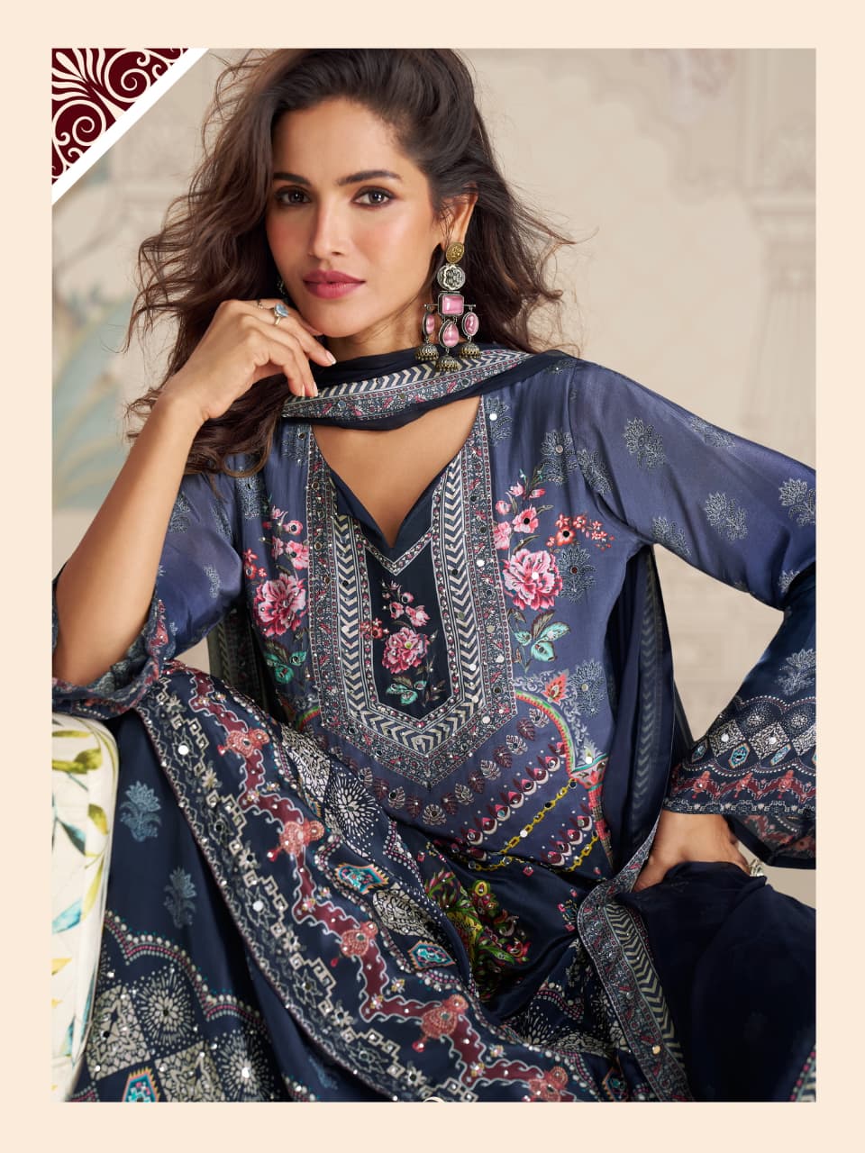 Aarshi Fashions navy Blue Heavy Crepe Digital Print Full Stitched Palazzo Suits