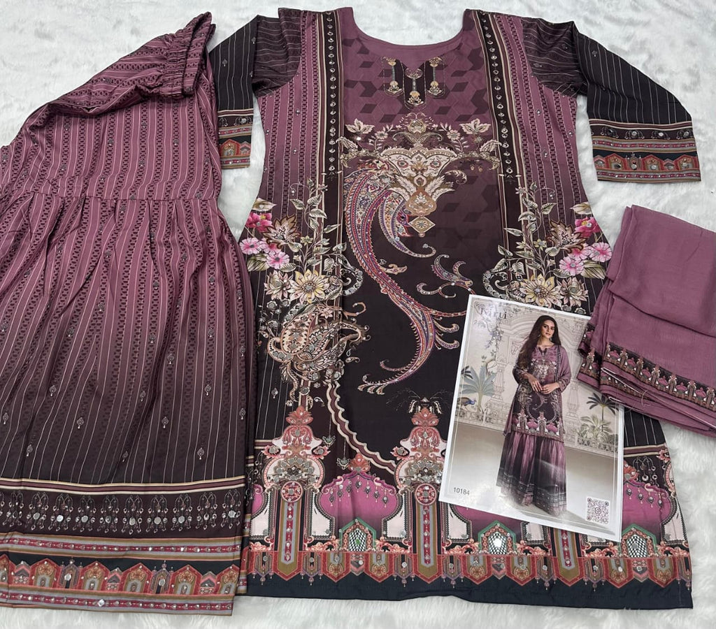 Aarshi Fashions Lilac Heavy Crepe Digital Print Full Stitched Palazzo Suits
