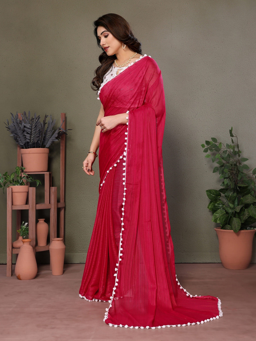 Vedant Vastram Poly Silk Embroidery Work Fancy Saree - Pink