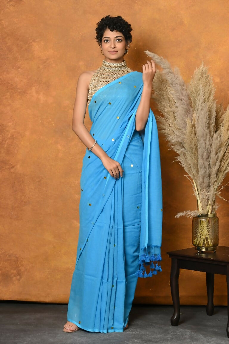 Very Much Indian Pure Mul Cotton Handloom Saree - Sky Blue - Distacart