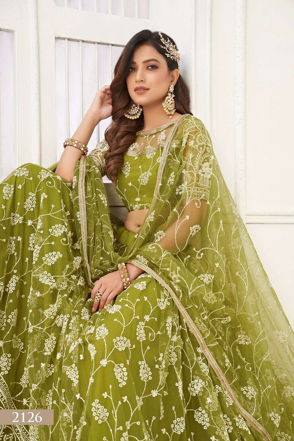 Eilara Women'S Olive Green Butterfly Net Embroidered Thread Work Party Wear Lehenga Choli