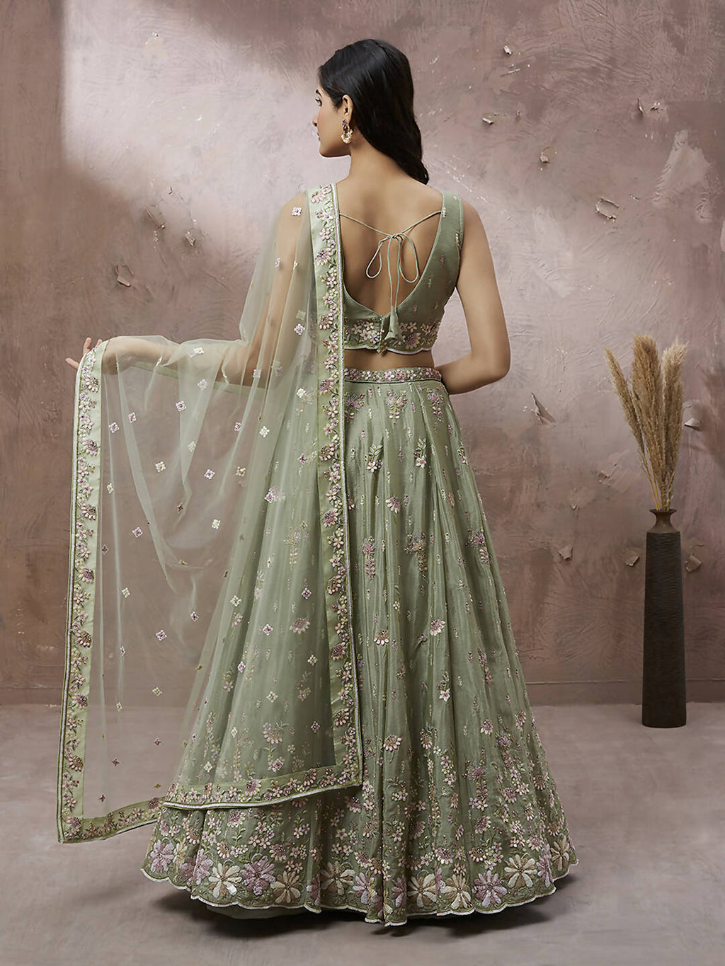 House of Panchhi Lime Green Pure Georgette Sequins with heavy Zarkan embroidery Lehenga choli & Dupatta