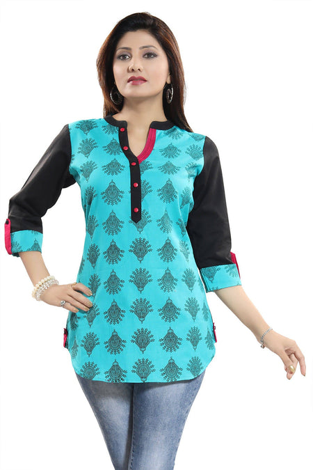 Snehal Creations Luscious Light Rama Cotton Printed Tunic Top With Roll On Sleeves