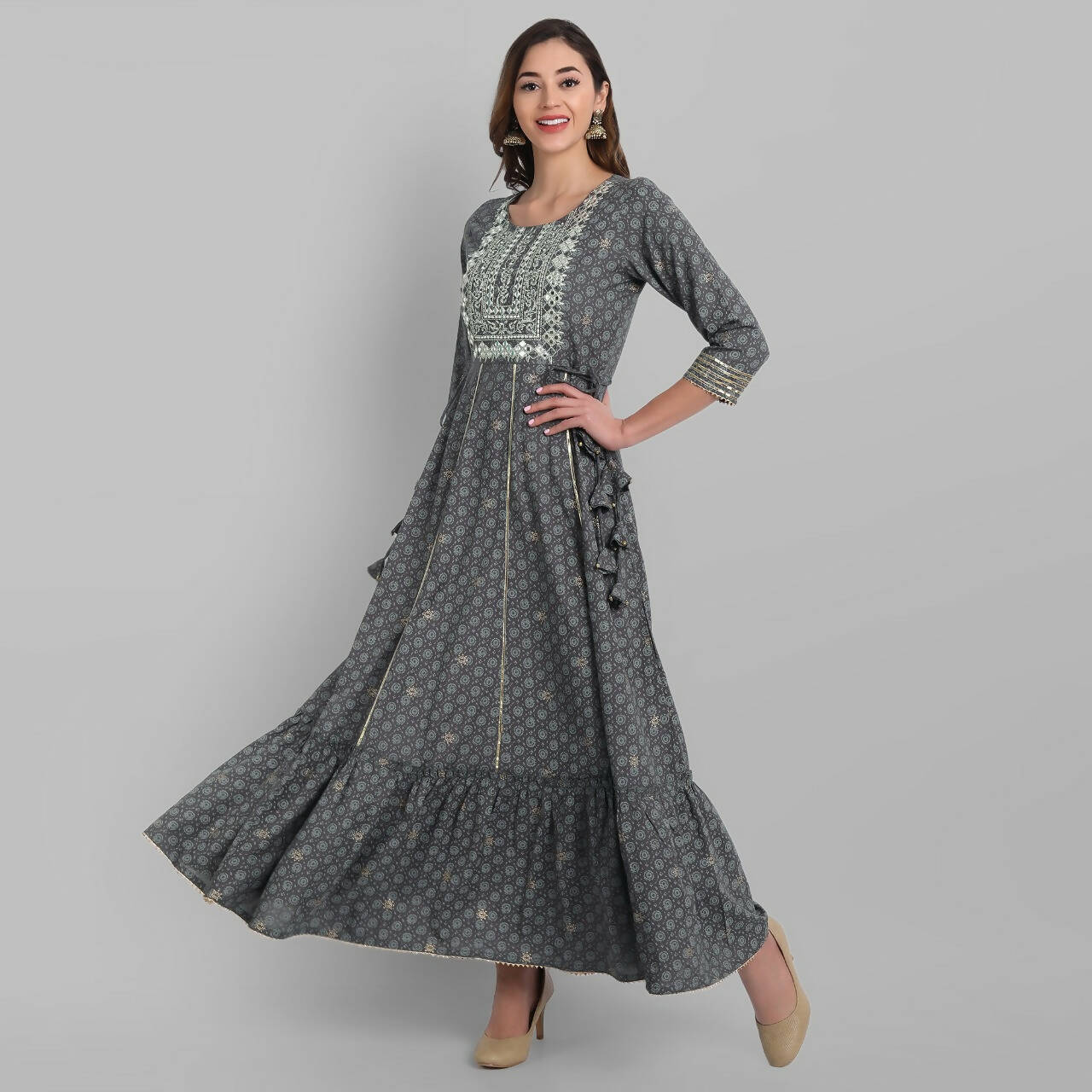 Juniper Grey Rayon Festive Wear Embroidered Tiered Long Dress - Distacart