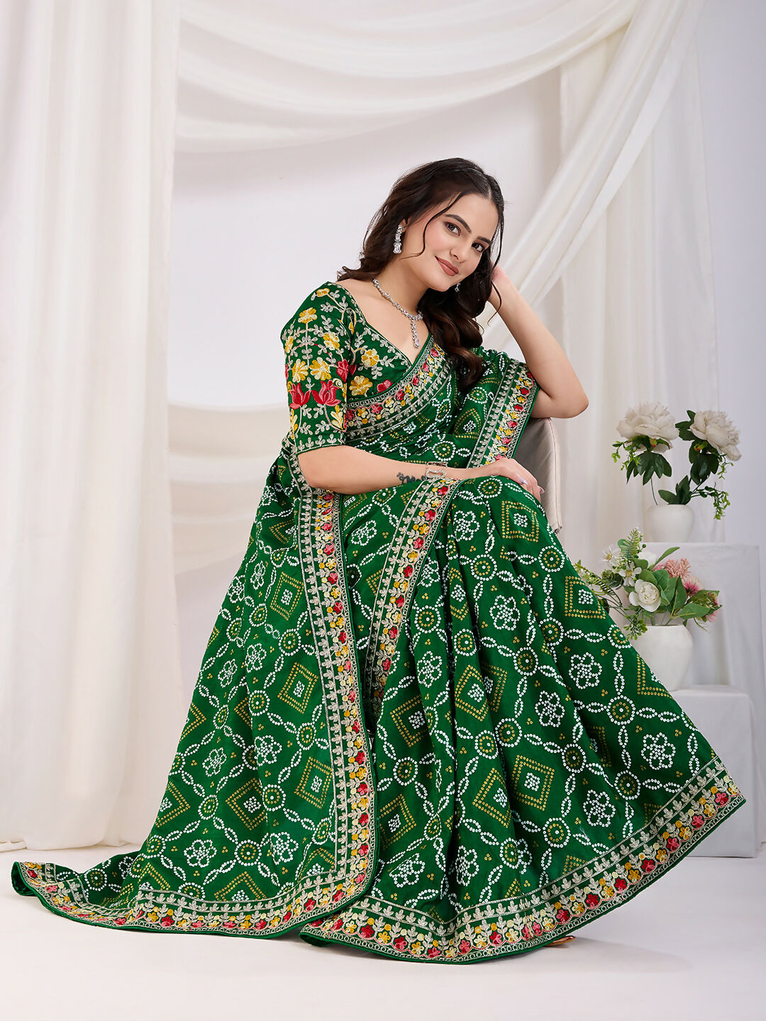 Green Vichitra Silk Bandhani Printed, Embroidery Work Saree - Ditya