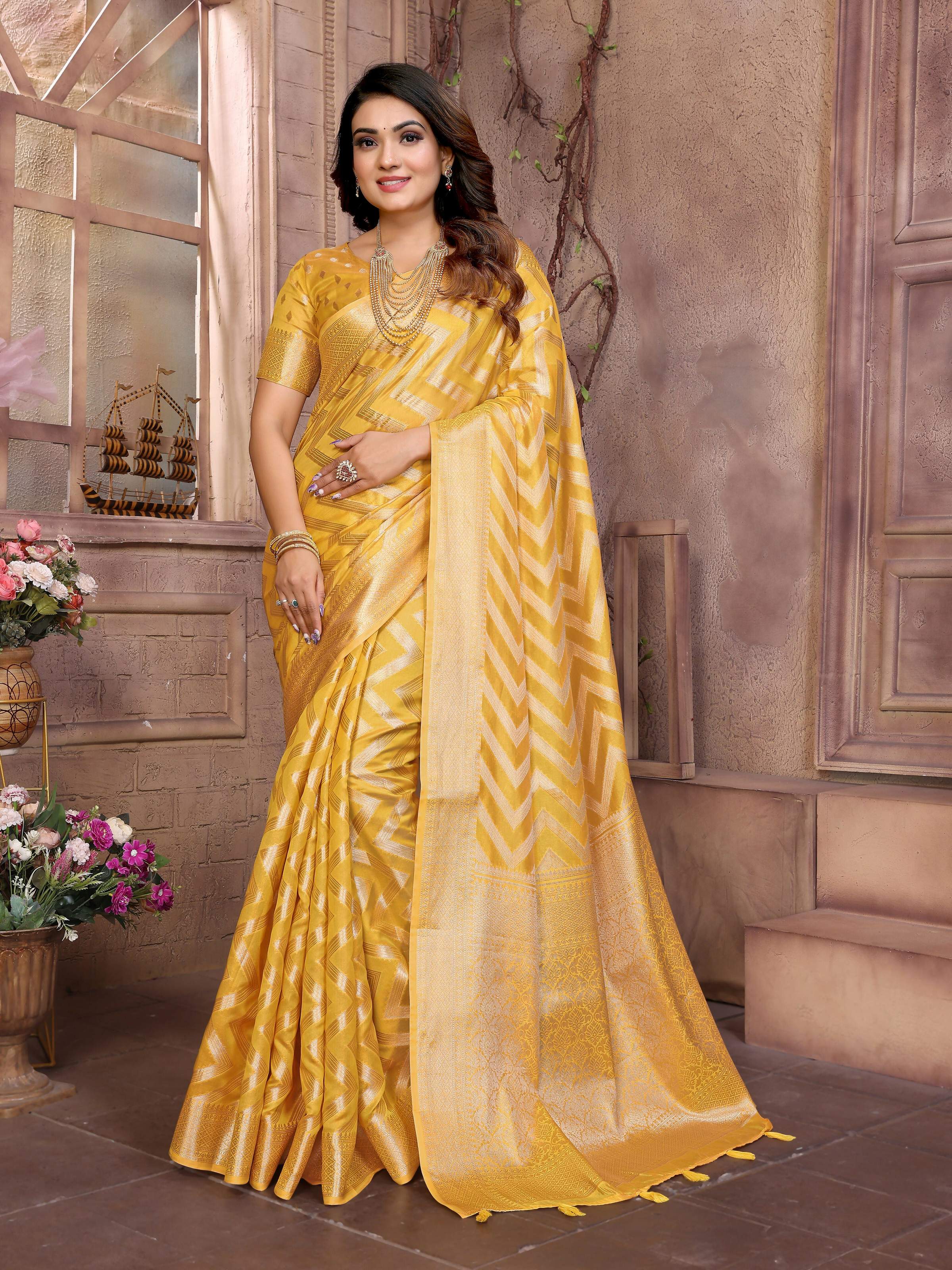 Aastha Fashion Yellow Soft Organza Silk Weaving Saree - Distacart