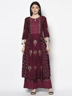 Aniyah Rayon Wine Color Block Print Flared Slip-On Palazzo (AN-173K)