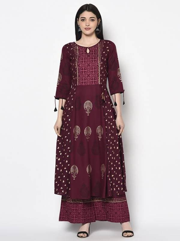 Aniyah Rayon Wine Color Block Print Flared Slip-On Palazzo (AN-173K)