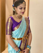 DEIANA'S Beautiful Designer Golden zari Soft Lichi Silk Saree - Sky