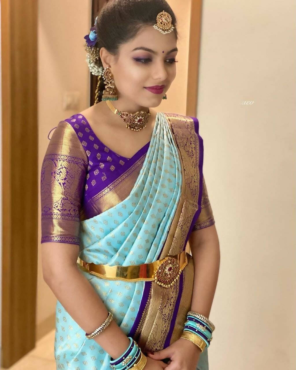 DEIANA'S Beautiful Designer Golden zari Soft Lichi Silk Saree - Sky