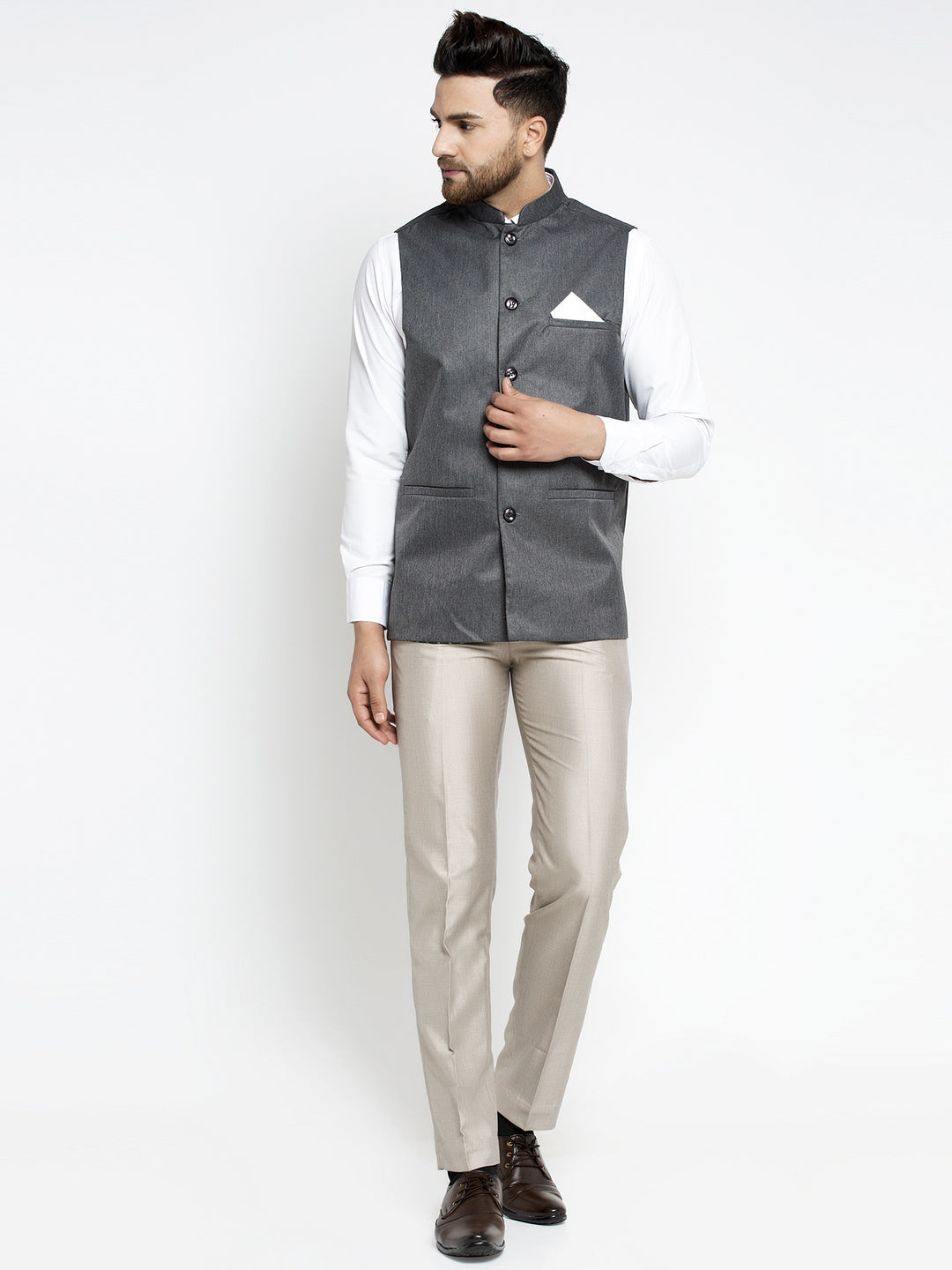 Jompers Men's Grey Melange Solid Nehru Jacket