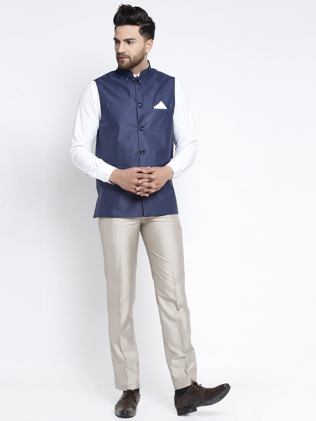 Jompers Men's Navy Blue Solid Nehru Jacket