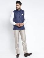 Jompers Men's Navy Blue Solid Nehru Jacket