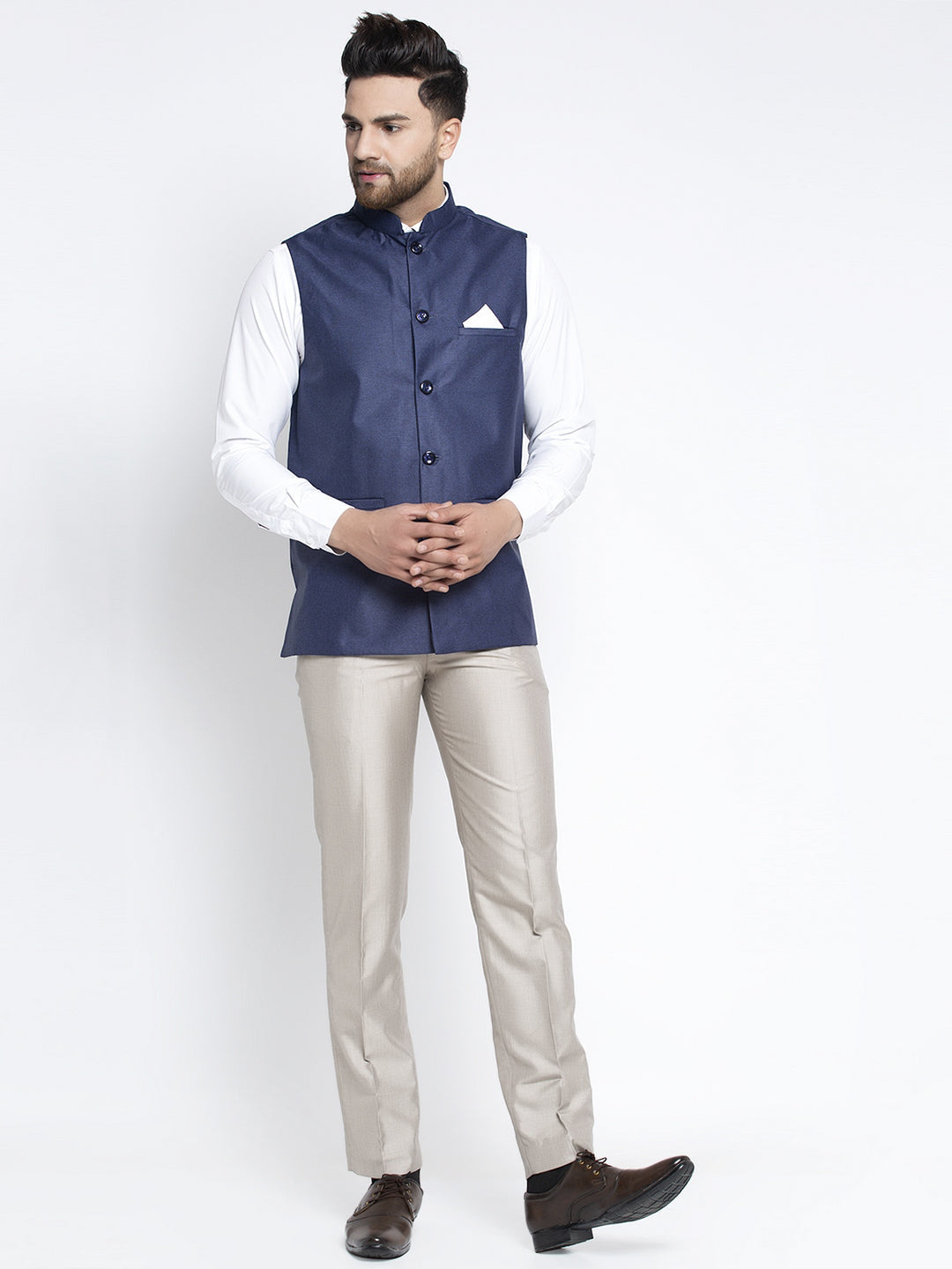 Jompers Men's Navy Blue Solid Nehru Jacket