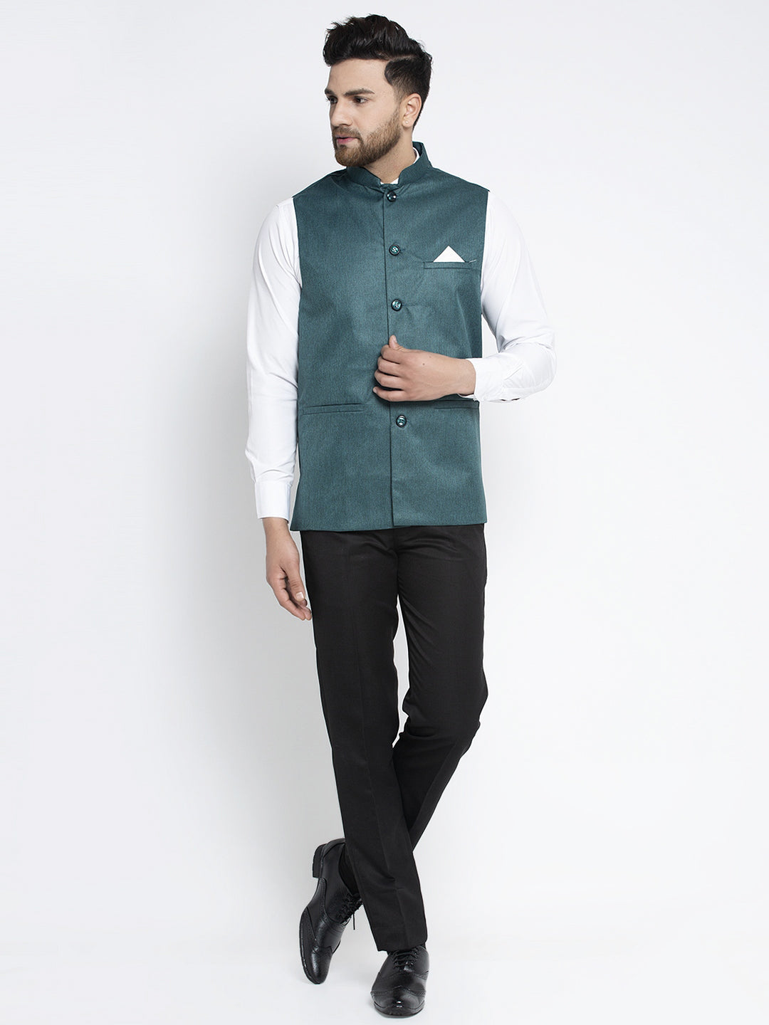 Jompers Men's Teal Solid Nehru Jacket
