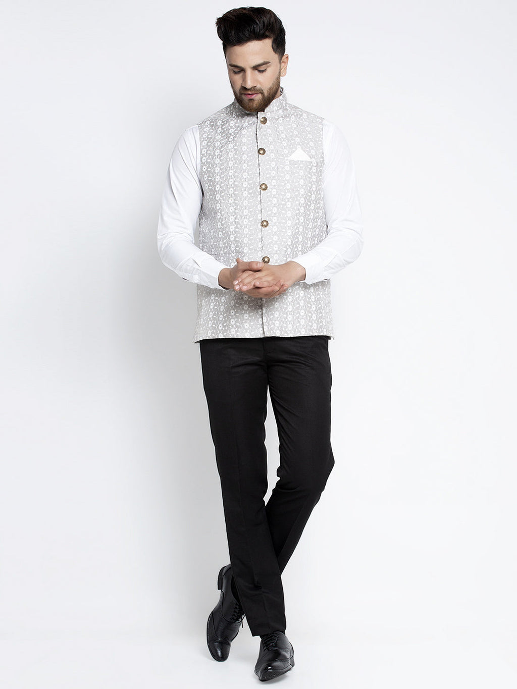 Jompers Men's Grey Embroidered Nehru Jacket