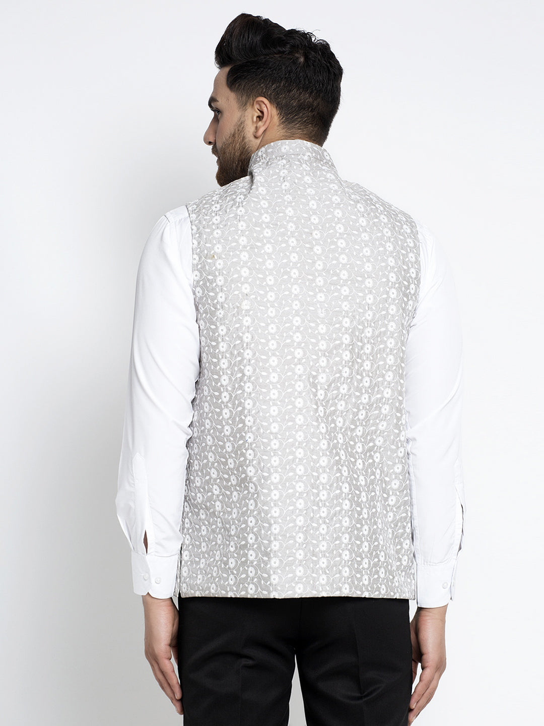 Jompers Men's Grey Embroidered Nehru Jacket