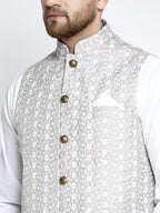 Jompers Men's Grey Embroidered Nehru Jacket