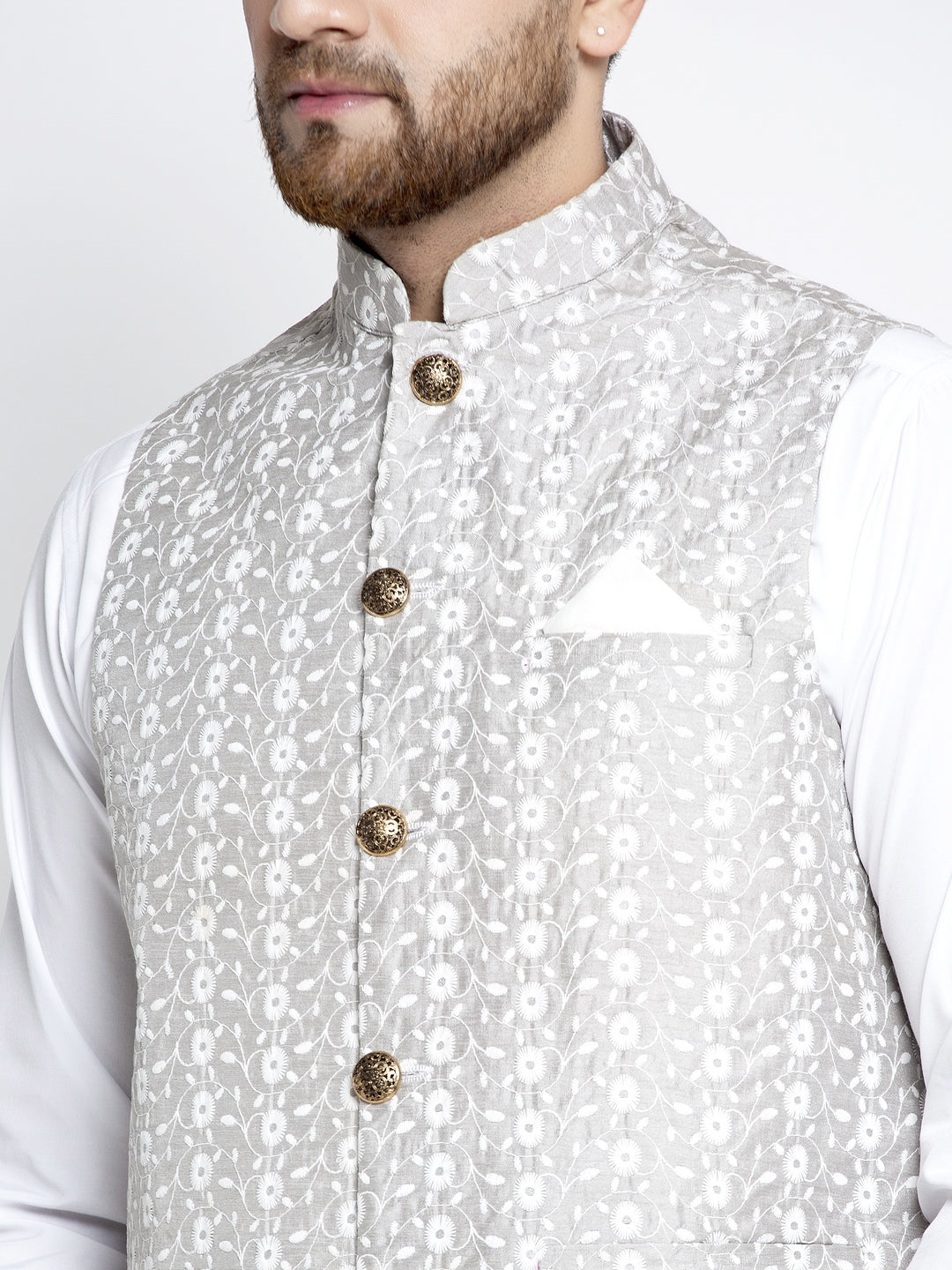 Jompers Men's Grey Embroidered Nehru Jacket