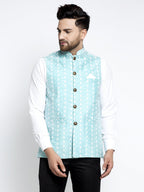 Jompers Beautiful Blue Embroidered Nehru Jacket For Men
