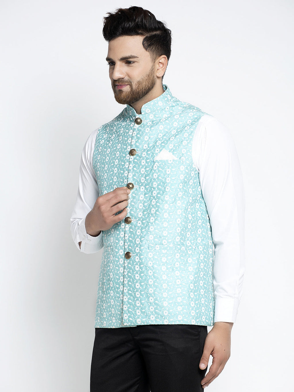 Jompers Beautiful Blue Embroidered Nehru Jacket For Men