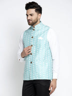 Jompers Beautiful Blue Embroidered Nehru Jacket For Men