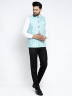 Jompers Beautiful Blue Embroidered Nehru Jacket For Men