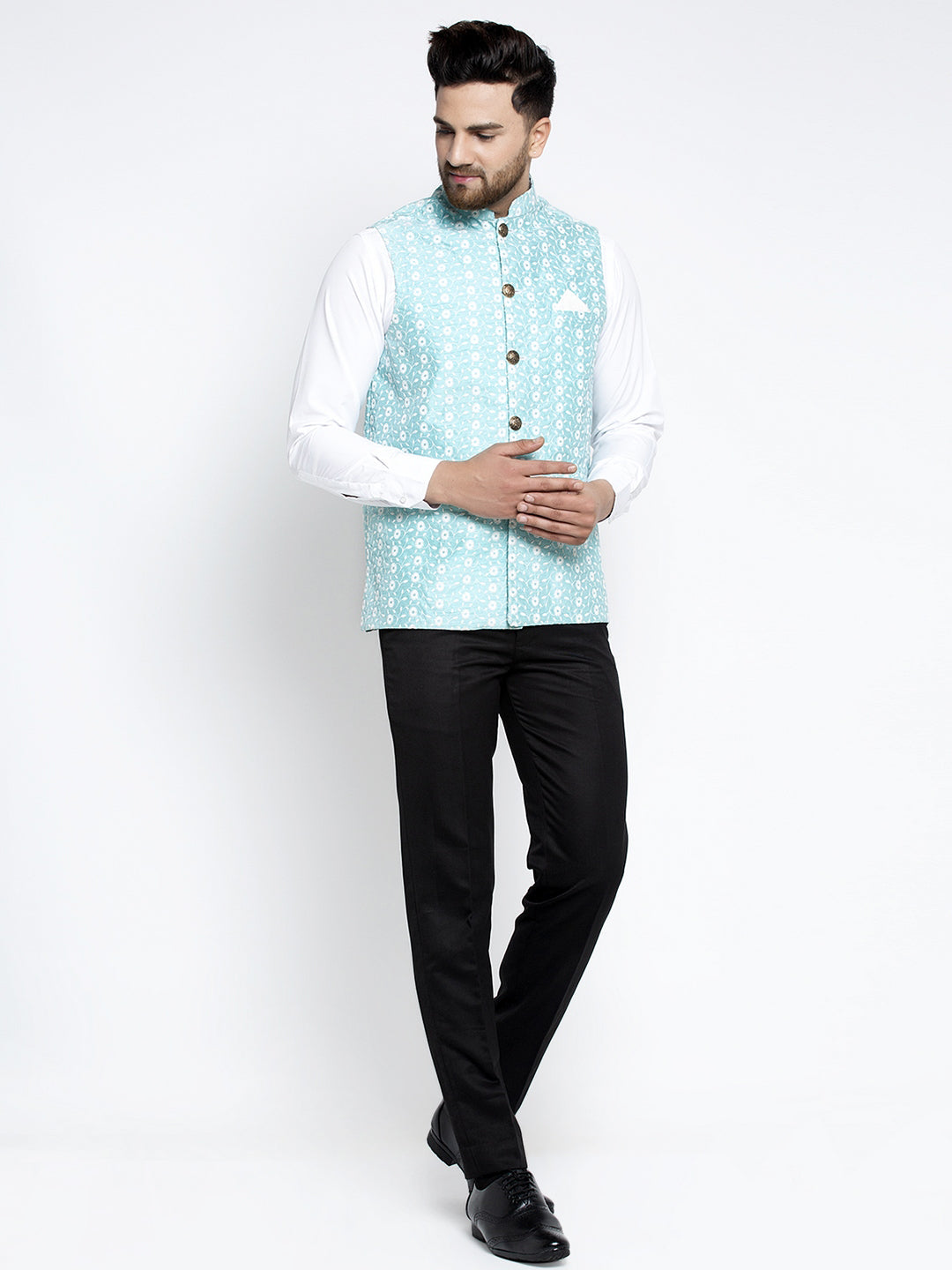 Jompers Beautiful Blue Embroidered Nehru Jacket For Men