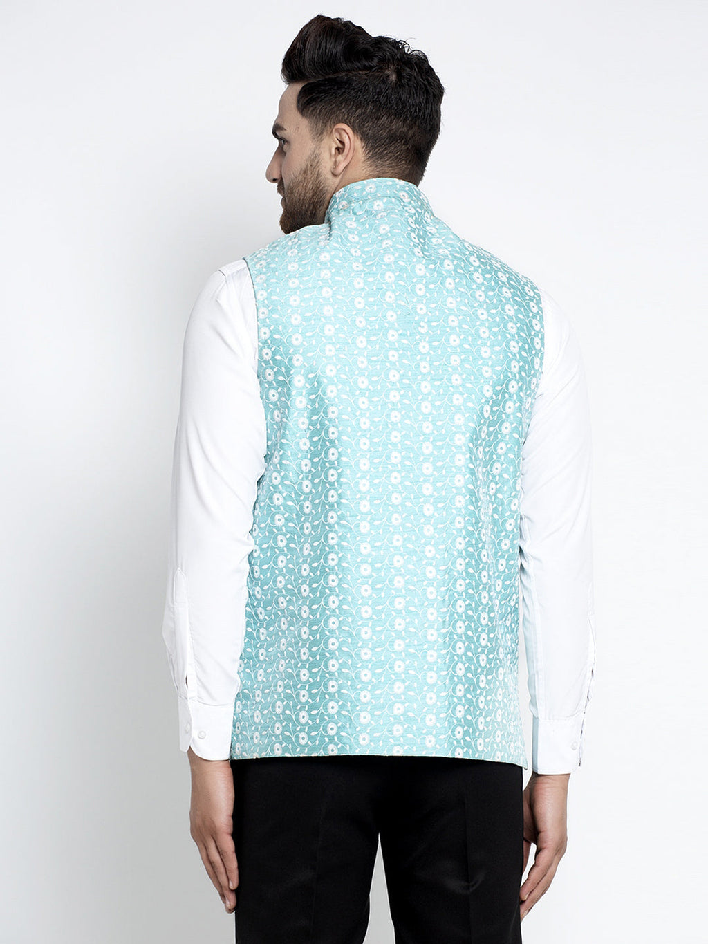 Jompers Beautiful Blue Embroidered Nehru Jacket For Men