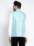 Jompers Beautiful Blue Embroidered Nehru Jacket For Men